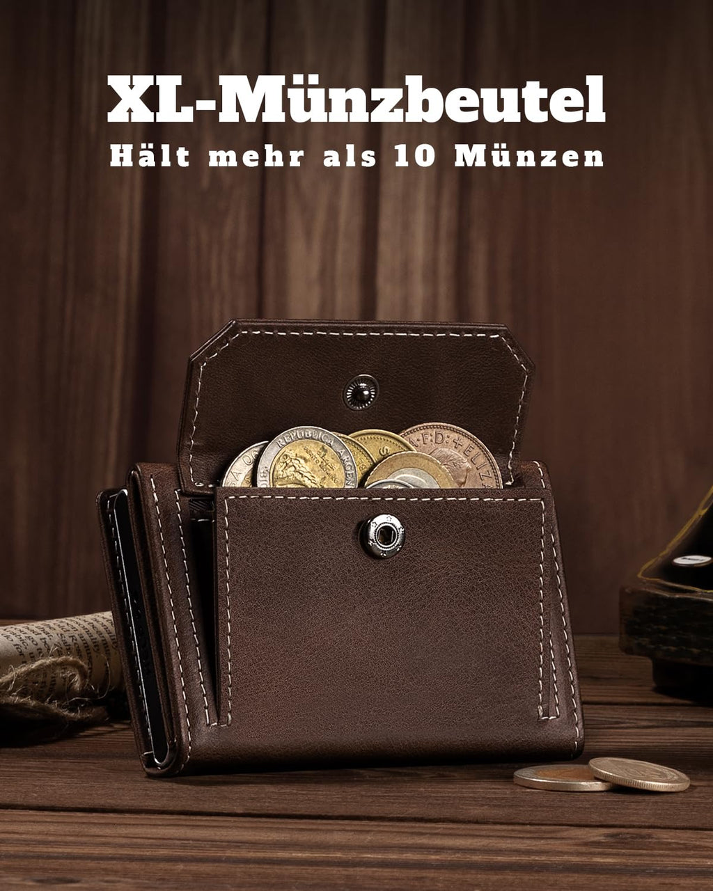 DODENSHA MagSnap Geldbörse Herren I Slim Wallet mit XL-Münzfach für 10+ Münzen I Kreditkartenetui Geldbeutel Herren für 10+ Karten I Magnetischer Verschluss Geldbörse I RFID Schutz I Braun Silbrig