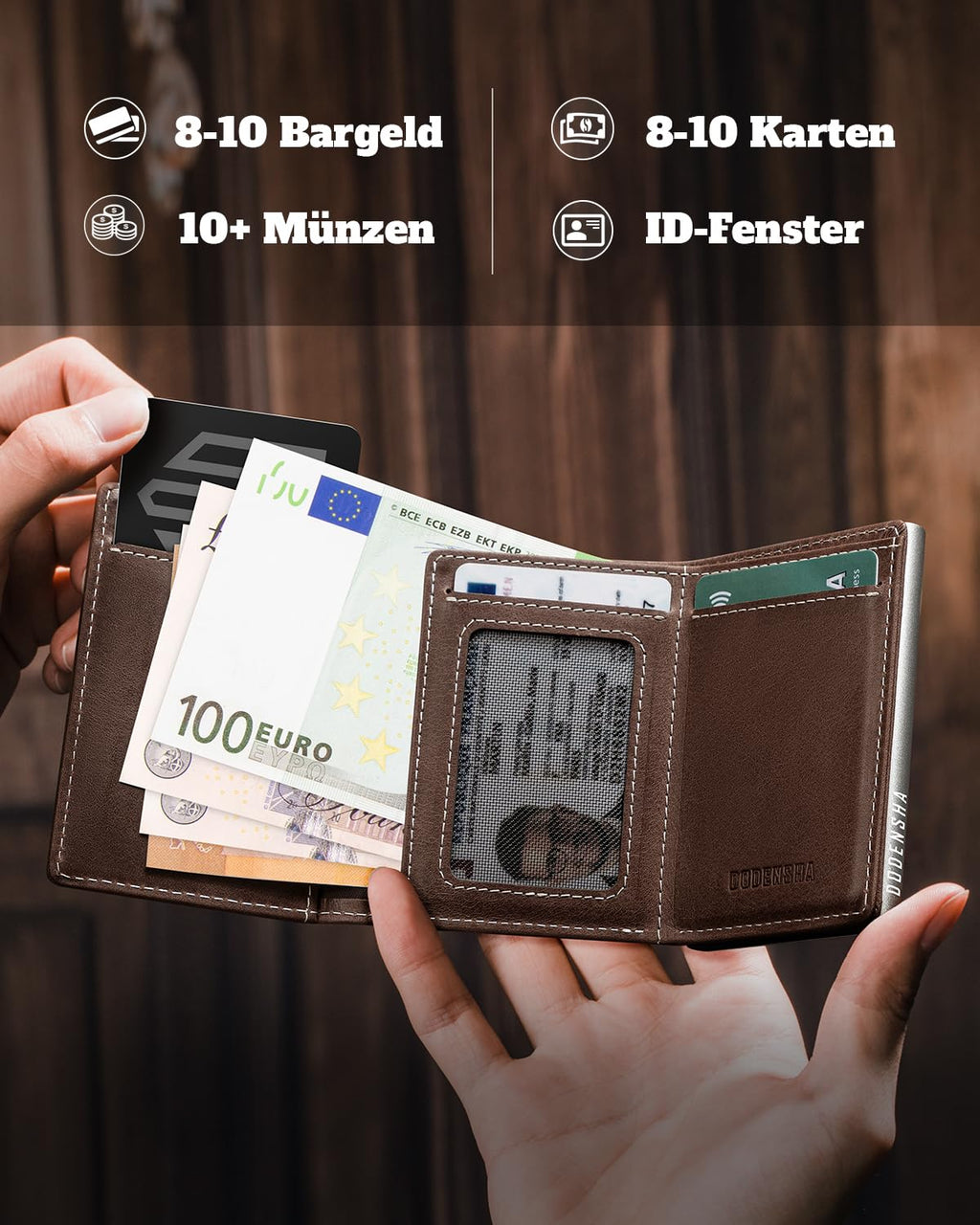 DODENSHA MagSnap Geldbörse Herren I Slim Wallet mit XL-Münzfach für 10+ Münzen I Kreditkartenetui Geldbeutel Herren für 10+ Karten I Magnetischer Verschluss Geldbörse I RFID Schutz I Braun Silbrig