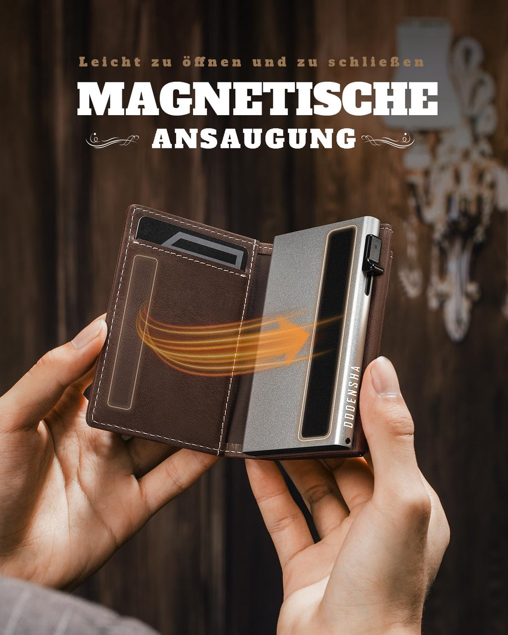 DODENSHA MagSnap Geldbörse Herren I Slim Wallet mit XL-Münzfach für 10+ Münzen I Kreditkartenetui Geldbeutel Herren für 10+ Karten I Magnetischer Verschluss Geldbörse I RFID Schutz I Braun Silbrig