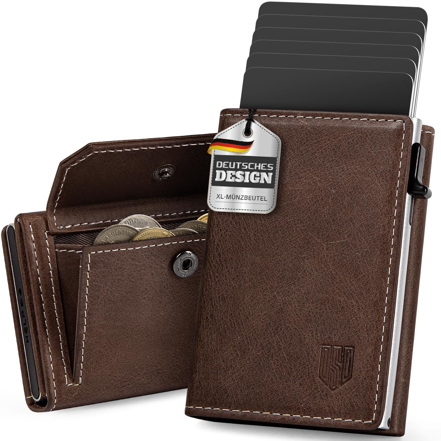 DODENSHA MagSnap Geldbörse Herren I Slim Wallet mit XL-Münzfach für 10+ Münzen I Kreditkartenetui Geldbeutel Herren für 10+ Karten I Magnetischer Verschluss Geldbörse I RFID Schutz I Braun Silbrig